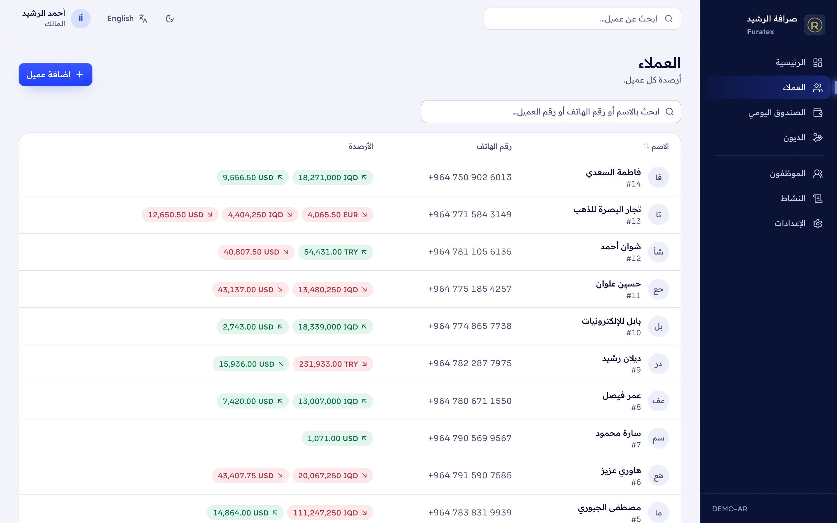 قائمة العملاء مع أرصدتهم بكل عملة