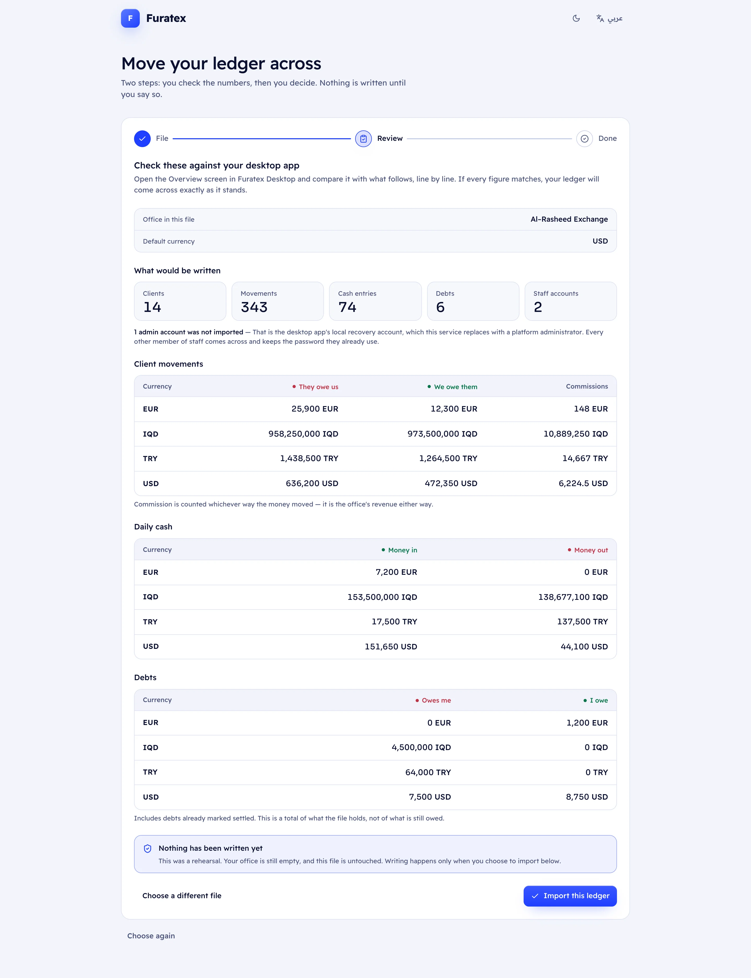 Import dry-run review with totals per currency